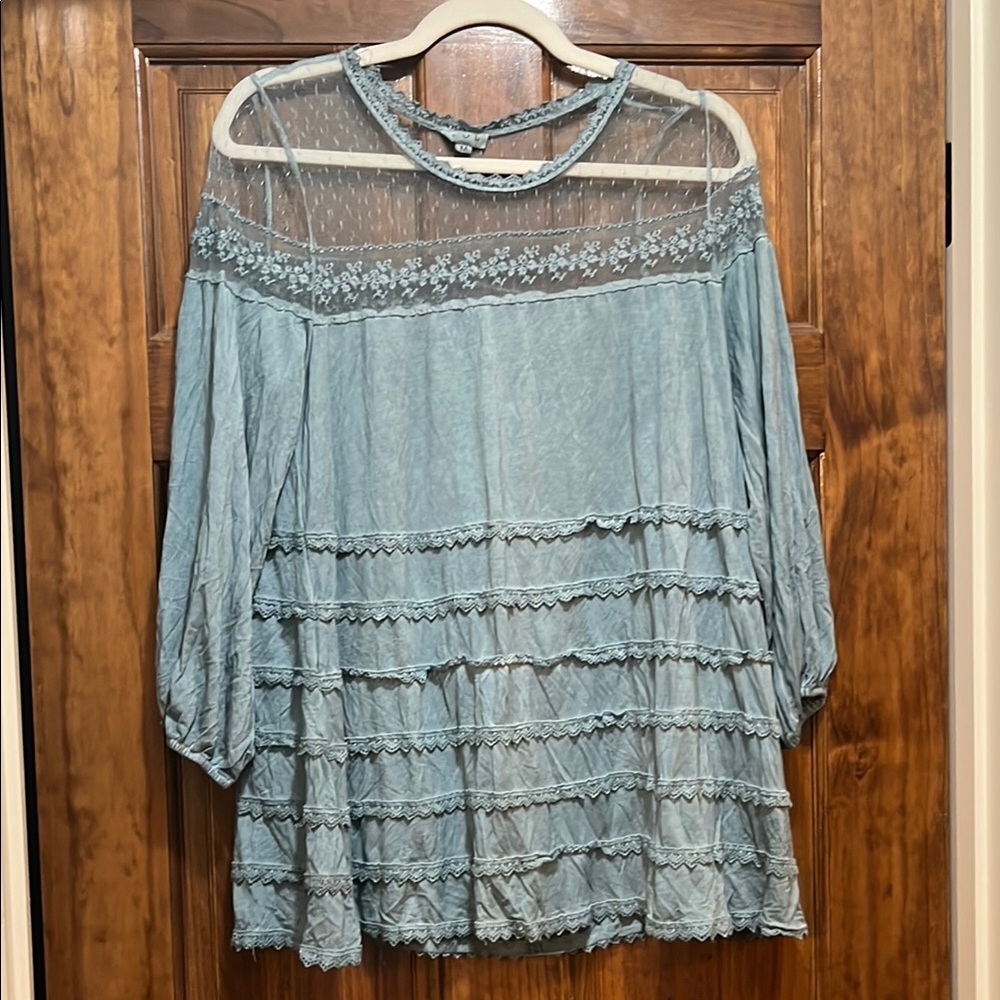 Elegant Lace Trim Blue Top